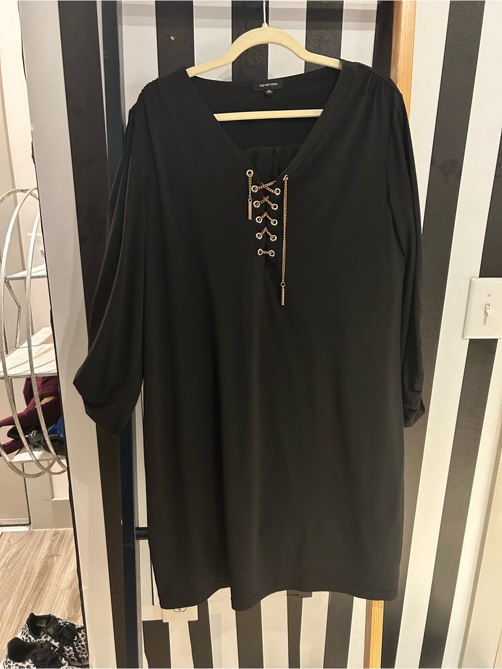 Spense Black Lace-Up V-Neck Tunic Top